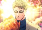  1boy aozora1227 blonde_hair blue_shirt bouquet closed_mouth collared_shirt flower goggles highres jacket jujutsu_kaisen male_focus nanami_kento necktie round_eyewear shirt short_hair smile solo upper_body yellow_background yellow_jacket yellow_necktie 