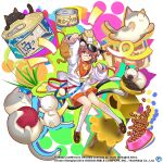  1girl alternate_costume animal_ears ascot brown_eyes brown_footwear brown_hair can canned_food cat cat_ears cat_tail chen chen_(calm_and_composed_secretary) closed_mouth commentary copyright_name english_commentary full_body game_cg hat jacket long_sleeves looking_at_viewer multicolored_background nekomata peaked_cap rotte_(1109) short_hair shorts socks tail third-party_source touhou touhou_lost_word white_headwear white_jacket white_shorts white_socks yarn yarn_ball yellow_ascot 