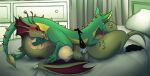  &lt;3 69_position anthro anthro_on_feral artist_(dead_by_daylight) bed bestiality cunnilingus dark_sclera dragon dresser duo female female/female feral frill_(anatomy) furniture green_body green_skin hi_res holding_back jabberwocky jayne_(dragononcrack) on_bed oral sex spade_tail tail teeth tongue_in_pussy unichan_(artist) vaginal wings 