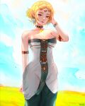 1girl adjusting_hair arm_strap artist_name bare_shoulders blonde_hair blue_sky braid breasts circlet commentary crown_braid dress earrings grasslands green_eyes highres jewelry lips looking_at_viewer mcdobo medium_breasts official_alternate_costume outdoors parted_bangs parted_lips pendant pointy_ears princess_zelda short_hair sky smile solo strapless strapless_dress the_legend_of_zelda the_legend_of_zelda:_tears_of_the_kingdom white_dress 