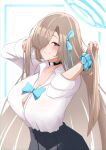  absurdres asuna_(blue_archive) blue_archive blue_bow blue_bowtie bow bowtie breasts halo hand_in_own_hair highres large_breasts long_hair looking_at_viewer maruneco mole school_uniform smile 