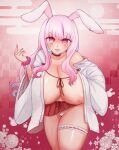  2023 accessory animal_humanoid areola asian_clothing big_breasts breasts clothed clothing east_asian_clothing female garter hair hi_res huge_breasts humanoid japanese_clothing lagomorph lagomorph_humanoid leporid_humanoid mammal mammal_humanoid miko_outfit panties partially_clothed pink_hair rabbit_humanoid solo soruton underwear 
