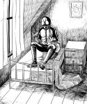  1boy bed chest_of_drawers curtains greyscale highres kamen_rider kamen_rider_(1st_series) kamen_rider_1 kimleon looking_at_self monochrome picture_frame scarf the_metamorphosis window 