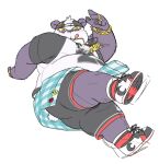  alp_(tas) anthro backwards_baseball_cap backwards_hat baseball_cap bear belly blep bottomwear clothing footwear fur giant_panda hat headgear headwear jersey jewelry lifewonders male mammal maysnowos necklace overweight purple_body purple_eyes purple_fur shoes shorts sneakers solo tokyo_afterschool_summoners tongue tongue_out yellow_sclera 