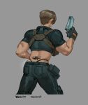 1boy adapted_costume ass back_tattoo bara biceps brown_hair cropped_legs cropped_shirt denim facing_away from_behind gun highres holding holding_gun holding_weapon jeans leather leon_s._kennedy male_focus muscular muscular_male panties pants panty_peek resident_evil seansketches shirt short_hair solo tattoo thighs triceps underwear weapon 