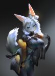  absurd_res anthro big_breasts big_butt blue_eyes blush breasts butt canid canine clothing eyewear female fox fur glasses hair hi_res kemono mammal solo standing tail thick_thighs unknown_character utterangle white_body white_fur white_hair 