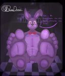  5_toes abs absurd_res animatronic anthro barefoot bonnie_(fnaf) bow_tie brunisdraws confuse confusion dialogue english_text feet first_person_view five_nights_at_freddy&#039;s foot_fetish foot_focus fur genitals hi_res humanoid humanoid_feet humanoid_genitalia humanoid_penis lagomorph leporid lights long_ears machine male mammal muscular open_mouth pawpads pectoral_bulge penis plantigrade purple_body purple_fur rabbit red_eyes robot scottgames shaded shadow sitting soles solo speech_bubble text toes 