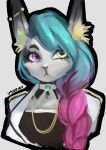  anthro clothing eyeliner female fur hair heterochromia jewelry lagomorph leporid makeup mammal multicolored_body multicolored_fur piercing pink_hair portrait rabbit solo thinking tortini 