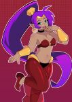  2020 bare_shoulders blue_eyes breasts cleavage clothed clothing ear_piercing ear_ring female footwear genie hair hi_res humanoid humanoid_pointy_ears long_hair navel ninelean not_furry open_mouth piercing ponytail purple_hair ring_piercing shantae shantae_(series) shoes solo wayforward 