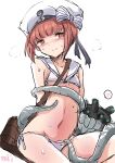  1girl abyssal_ship bikini blunt_bangs blush bow brown_eyes brown_hair enemy_naval_mine_(kancolle) fuji_(pixiv24804665) hat highres kantai_collection nose_blush official_alternate_costume sailor_bikini sailor_collar sailor_hat short_hair side-tie_bikini_bottom sitting solo swimsuit teeth tentacles white_bikini white_bow white_headwear white_sailor_collar z3_max_schultz_(kancolle) 