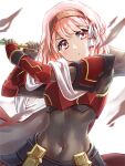  1girl armor bodystocking breastplate clear_glass_(mildmild1311) fire_emblem fire_emblem_engage gauntlets gold_trim hair_ribbon hairband highres holding holding_sword holding_weapon lapis_(fire_emblem) navel pink_eyes pink_hair red_armor ribbon short_hair solo sword upper_body v-shaped_eyebrows weapon weapon_behind_back white_background 