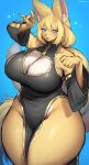  absurd_res anthro big_breasts blonde_hair blue_eyes breasts canid canine cleavage clothed clothing female female_anthro fox fur hair hi_res huge_breasts kemono long_hair looking_at_viewer mammal solo suurin_2 tail thick_thighs wide_hips yellow_body yellow_fur 