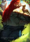  1boy arm_tattoo ass bara bathing biting earrings forest from_behind ganondorf highres huge_eyebrows jewelry lake long_hair looking_at_viewer looking_back male_focus masakuterarr mature_male muscular muscular_male nail_biting nature nude partially_submerged pointy_ears red_hair solo sunlight tattoo the_legend_of_zelda the_legend_of_zelda:_tears_of_the_kingdom thick_beard wet wet_hair 