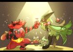  blush claws fire flower furry green_fur hand_on_own_chest heart highres incineroar kneeling litten looking_at_another meowscarada naoto_(shion) pokemon pokemon_(creature) proposal red_fur sprigatito sweat two-tone_fur 