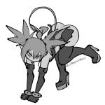  big_butt butt clothed clothing demon demon_humanoid disgaea etna_(disgaea) female hair hi_res humanoid humanoid_pointy_ears looking_at_viewer monochrome not_furry signature simple_background smile solo spade_tail tail text tongue tongue_out zedrin 