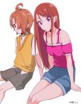  1boy 1girl ayame_iro_(toumei_dolce) blue_shorts breasts brown_hair brown_shorts cleavage closed_mouth collarbone dress_shirt hair_over_one_eye highres hijiri_ageha hirogaru_sky!_precure long_hair looking_at_viewer medium_breasts pink_shirt precure red_eyes shirt short_hair short_shorts short_sleeves shorts simple_background straight_hair sweater_vest very_long_hair white_background white_shirt yellow_sweater_vest yuunagi_tsubasa 