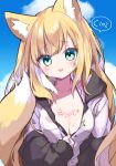  1girl animal_ear_fluff animal_ears blonde_hair blush body_writing breasts cleavage cloud fang fox_ears fox_girl fox_tail green_eyes highres jacket kamiyoshi_rika long_hair looking_at_viewer open_clothes open_jacket original outdoors sky smile solo tail unzipping upper_body white_jacket zipper 