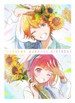  1boy 1girl absurdres arm_up bead_bracelet beads blonde_hair blunt_bangs blush bob_cut bracelet collared_shirt commentary_request dot_nose fingernails flower gradient_hair hairband hand_up highres holding holding_flower jewelry leaf long_sleeves momomo_(m0_3) multicolored_hair ootori_emu orange_eyes orange_hair pink_eyes pink_hair project_sekai shirt short_hair smile sunflower teeth tenma_tsukasa upper_body window 