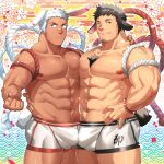  2boys abs animal_ears bandaid bara beads biceps black_hair cable chest_hair chinese_new_year colorful facial_hair feet_out_of_frame flower hairy hand_on_another&#039;s_hip highres hug large_pectorals male_focus male_underwear manboobs manly mature_male multicolored_background multiple_boys muscular muscular_male navel nipples one_eye_closed original pectoral_docking pectoral_press pectorals rabbit_ears scar short_hair shorts smile spiked_hair stubble tail tan tepen_(tptptpn) thick_arms underwear water waves white_hair yellow_eyes 