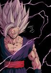 1boy absurdres artist_name biceps black_background collarbone commentary_request dougi dragon_ball dragon_ball_super dragon_ball_super_super_hero electricity energy evil_grin evil_smile gohan_beast grey_hair grin highres looking_at_viewer male_focus muscular muscular_male pectorals red_eyes red_sash sash scratches seya_(asasei_718) signature simple_background smile solo son_gohan spiked_hair teeth torn_clothes upper_body v-shaped_eyebrows 