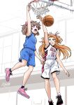  2girls absurdres arm_up artist_name basketball basketball_hoop basketball_jersey basketball_uniform black_footwear black_socks blue_shirt blue_shorts brown_hair commentary dated delicious_party_precure frown grimace hair_ribbon highres houjou_hibiki jumping long_hair medium_hair motion_blur multiple_girls pink_footwear pink_ribbon precure purple_eyes ribbon satou_yasu series_connection shirt shoes shorts signature slam_dunk_(basketball) sleeveless sleeveless_shirt sneakers socks sportswear suite_precure sweatdrop two_side_up v-shaped_eyes white_shirt white_shorts white_socks 