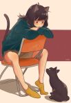  1girl ahoge animal animal_ears black_cat black_hair blunt_bangs brown_shorts cat cat_ears cat_girl cat_tail chair crossed_arms eye_contact flipped_hair folding_chair full_body head_on_arm jitome kimura_731 long_hair long_sleeves looking_at_animal looking_at_another looking_down looking_up no_shoes original scratches shorts sitting socks staring staring_contest tail tail_raised yellow_socks 
