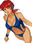  1girl blue_wristband breasts collarbone commentary dutch_angle from_above green_eyes gundam headset highres holster looking_at_viewer medium_hair miromari navel neneka_nibrou o-ring o-ring_swimsuit red_hair red_lips shoulder_holster simple_background solo swimsuit symbol-only_commentary victory_gundam walking white_background wristband 