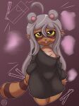  2023 anthro big_butt big_eyes butt cigar_smoke cigarette clothing digital_drawing_(artwork) digital_media_(artwork) female hair hi_res linyxart long_hair long_shirt looking_at_viewer mammal procyonid raccoon shaded simple_background smile smooky solo solo_focus 