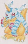  absurd_res animal_skin anthro bandai_namco belly belly_markings digimon digimon_(species) fur gabumon hi_res horn male markings red_eyes slightly_chubby solo striped_body striped_fur stripes tabasukotrr yellow_body 