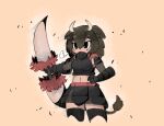  american_bison_(kemono_friends) animal_ears armor armored_gloves armored_skirt black_armor black_hair black_thighhighs blush cow_horns hair_between_eyes hand_on_hip highres holding holding_weapon horns kemono_friends leo_(mkcx8447) smile tail tan_background thighhighs weapon 