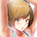  1girl armpits arms_up blue_sports_bra blurry blurry_background blush breath brown_eyes brown_hair close-up collarbone commentary english_commentary eyelashes highres looking_at_viewer mastersickart medium_hair open_mouth parted_bangs persona persona_4 portrait saliva satonaka_chie shiny_skin sleeveless solo sports_bra sweat sweatdrop swept_bangs 
