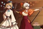  2girls archery blonde_hair blue_eyes blurry blurry_background bow bow_(weapon) breasts centurii-chan_(artist) commentary drawing_bow dress english_commentary english_text firing flower gloves hair_bow hakama hakama_skirt hat highres hip_vent holding holding_bow_(weapon) holding_weapon indoors japanese_clothes kimono kyuudou long_sleeves medium_breasts multiple_girls muneate open_mouth orange_eyes original partially_fingerless_gloves red_hakama ribbon short_hair sidelocks single_sidelock skirt smile sound_effects teeth upper_teeth_only weapon white_dress white_hair wide_sleeves yugake yumi_(bow) 