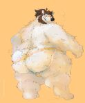  2023 absurd_res anthro balls barely_visible_balls barely_visible_genitalia bear beard big_butt brown_hair butt chuchowriggle clothed clothing digital_media_(artwork) eyewear facial_hair fluffy full-length_portrait fur genitals glasses hair halftone hi_res jockstrap jockstrap_only looking_at_viewer looking_back looking_back_at_viewer male mammal orange_background overweight overweight_anthro overweight_male pea_soup pinup polar_bear portrait pose rear_view simple_background skindentation solo topless underwear underwear_only ursine white_body white_fur 