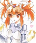  1girl animal_hands axis_(at_mark) black_bodysuit black_wings bodysuit breasts claws duel_monster feathered_wings feathers hair_rings harpie_channeler harpy heart long_hair monster_girl orange_eyes orange_hair pointy_ears shikishi simple_background small_breasts solo twintails white_background winged_arms wings yu-gi-oh! 