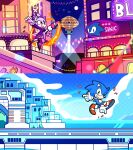  1boy 1girl blaze_the_cat blue_fur blue_sky cat_girl city_lights cityscape fang fire forehead_jewel gloves gold_necklace green_eyes high_heels highres jacket jewelry moon necklace neon_lights night night_sky pants pink_footwear ponytail purple_fur purple_jacket red_footwear searchlight sky smile smirk sonic_(series) sonic_rush sonic_the_hedgehog toby_s. water white_pants yellow_eyes 