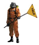  1other artist_name black_gloves bodysuit english_commentary gloves hazmat_suit highres holding holding_sign improvised_weapon lethal_company name_tag orange_bodysuit oxygen_mask oxygen_tank rust rythayze sign simple_background strap tube white_background worker_(lethal_company) yield_sign 