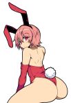  1girl alternate_costume animal_ears ass bare_shoulders blush breasts elbow_gloves est_(fire_emblem) fake_animal_ears fire_emblem fire_emblem:_mystery_of_the_emblem fire_emblem:_shadow_dragon gloves headband kara_age leotard looking_at_viewer looking_back pink_hair playboy_bunny rabbit_ears rabbit_tail red_leotard short_hair solo strapless strapless_leotard tail thong 