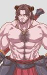  1boy bara beard chain chest_hair cowboy_shot eric_bloodaxe_(fate) facial_hair fate/grand_order fate_(series) frown holding holding_polearm holding_weapon jewelry large_pectorals looking_at_viewer male_focus mature_male muscular muscular_male navel necklace pectorals polearm short_hair sideburns solo thick_eyebrows topless_male weapon wrinkled_skin yaso80hachi 