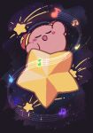  blush_stickers closed_eyes colored_skin commentary_request headphones highres kirby kirby_(series) musical_note no_humans parasoruoishii pink_skin signature smile solo space star_(sky) star_(symbol) warp_star 