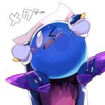  &gt;_&lt; 1boy against_fourth_wall cape commentary_request grey_eyes kirby_(series) kohakagutibi male_focus meta_knight purple_footwear simple_background solo translation_request white_background 