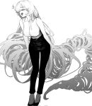  +++ 1girl absurdly_long_hair blush breasts commentary fang greyscale hemuling highres large_breasts leaning_forward long_hair monochrome open_mouth original pants prehensile_hair shirt simple_background sleeveless sleeveless_shirt solo standing very_long_hair 