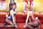  2girls all_fours animal_ears ass baasaku_(balasaku24) bare_shoulders black_bow black_bowtie black_hair blonde_hair blue_eyes blue_leotard blunt_bangs blush bow bowtie breasts couch detached_collar fake_animal_ears green_eyes high_heels highres indoors leotard long_hair looking_at_viewer multiple_girls open_mouth original pantyhose playboy_bunny purple_eyes rabbit_ears rabbit_tail red_footwear red_leotard shoes short_hair small_breasts strapless strapless_leotard tail wrist_cuffs 