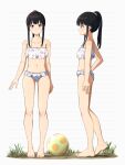  1girl absurdres alternate_hairstyle ball barefoot beachball bikini black_hair breasts cleavage closed_mouth collarbone commentary dirty dirty_feet feet floral_print frilled_bikini frills from_side grass green_scrunchie hair_ornament hair_scrunchie highres inoue_takina legs long_hair looking_at_viewer lycoris_recoil multiple_views navel official_alternate_costume ponytail print_bikini purple_eyes revision scrunchie sidelocks simple_background small_breasts standing stomach swimsuit tbear toes white_background white_bikini 