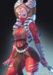  1girl alien artist_name blue_lightsaber breasts colored_skin holding_lightsaber kajin_(kajinman) looking_at_viewer patreon_username red_skin revealing_clothes shaak_ti solo star_wars togruta watermark web_address 