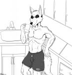  2020 anthro bottomwear cabin canid canine canis clothed clothing ears_up eyewear fan_character fangs fur hi_res holding_mug holding_object looking_at_viewer male mammal marcushunter mug navel shirtless shirtless_anthro shirtless_male shorts signature sink smile smiling_at_viewer solo sunglasses teeth topless topless_anthro topless_male wolf 