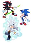  3boys absurdres animal_ears animal_nose boots closed_mouth commentary english_commentary floating frown full_body furry furry_male gloves green_eyes highres looking_at_viewer male_focus multiple_boys olivashko red_eyes red_footwear shadow_the_hedgehog shoes signature silver_the_hedgehog simple_background smile sonic_(series) sonic_the_hedgehog standing tail white_background white_gloves yellow_eyes 