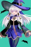  1girl choker dot_nose fire_emblem fire_emblem:_three_houses green_background hat highres large_hat long_hair long_sleeves looking_at_viewer lysithea_von_ordelia official_alternate_costume open_mouth pink_eyes purple_choker ruuu_ran_ran simple_background smile solo tassel thigh_gap very_long_sleeves white_hair 