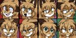  anthro averi_(fiddleafox) brown_body brown_fur canid canine collage expression_sheet female female_anthro fox frown fur hair looking_at_viewer mammal markings smile smug solo thighlordash white_body white_fur 