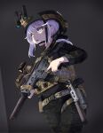  1girl binoculars black_headwear black_pants black_shirt camouflage camouflage_pants camouflage_shirt clov3r commentary grey_background gun hair_between_eyes helmet highres holding holding_gun holding_weapon long_sleeves original pants parted_lips purple_eyes purple_hair shirt simple_background solo standing suppressor trigger_discipline weapon weapon_request 