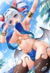  1girl absurdres armpits beach blue_eyes blush breasts curvy demon_girl demon_horns demon_wings drill_hair earrings hair_ribbon heart heart-shaped_pupils highres horns huge_breasts jewelry large_breasts looking_at_viewer navel niliu_chahui original outdoors palm_tree ribbon shione_(niliu_chahui) sky smile solo symbol-shaped_pupils thighhighs thighs tree underboob wings 
